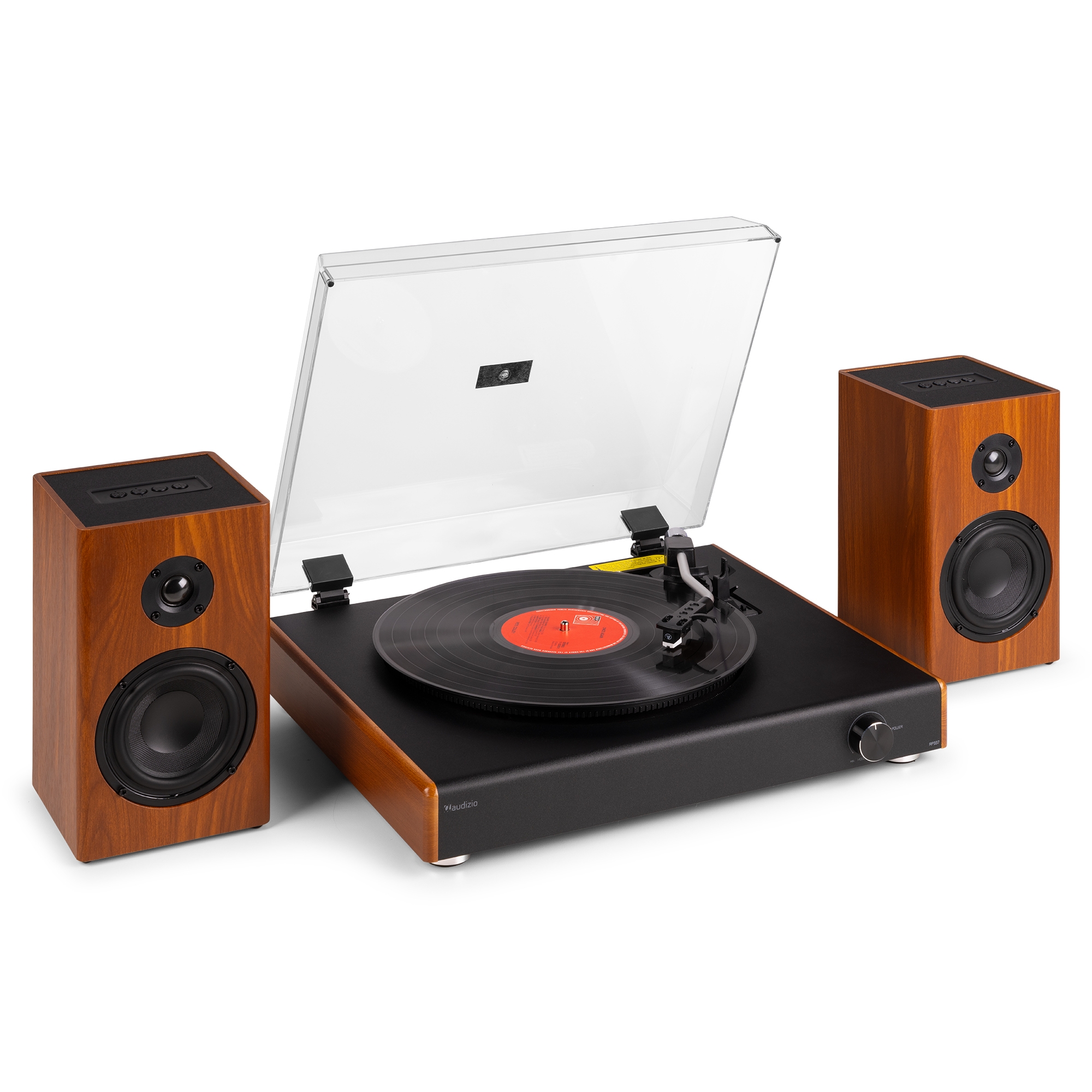 RP337W Vintage Record Player with wireless BT speakers Wood – Audizio